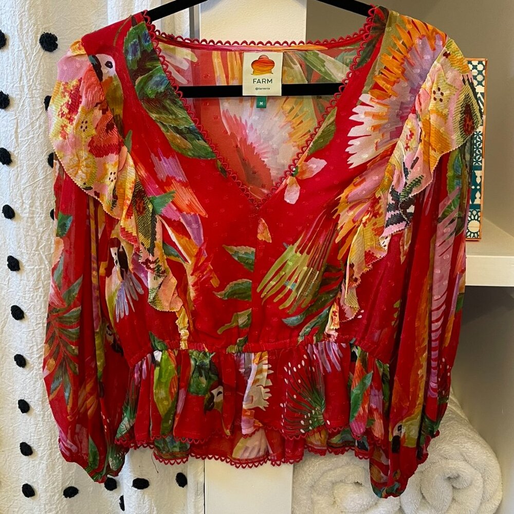 FARM Rio Red Tropical Ruffled V-Neck Blouse - Picture 6 of 11